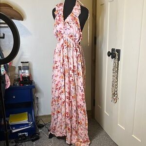 Anthropologie/Jaase Floral Pink Maxi Halter Dress Low Back Ruffles